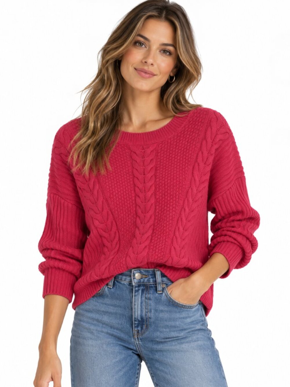 Tommy Hilfiger Pink Cable Knit Crewneck Oversized Sweater Size L